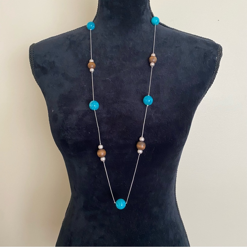 Vibrant Teal Blue and Brown Wooden Beaded Necklace
